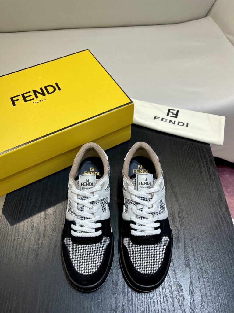 Fendi Match lace-up sneakers. Made of black suede and white leather, with white and black bird check fabric details. Rubber sole with Fendi on the side Size 39-44