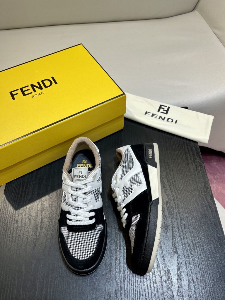 Fendi Match lace-up sneakers. Made of black suede and white leather, with white and black bird check fabric details. Rubber sole with Fendi on the side Size 39-44