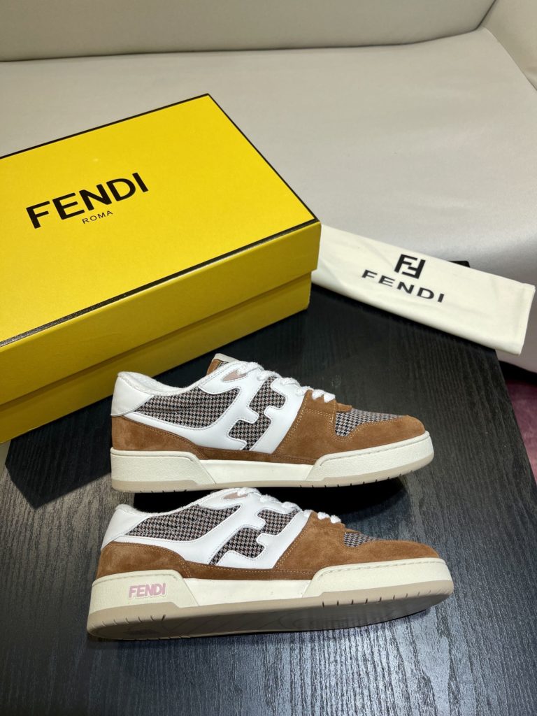Fendi Match lace-up sneakers. Made of black suede and white leather, with white and black bird check fabric details. Rubber sole with Fendi on the side Size 39-44