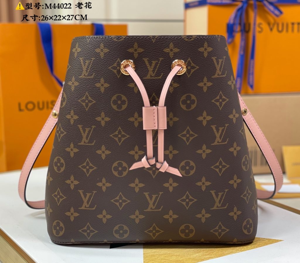 Hot Selling NEONOE Bucket Bag M44022 Pink, Adjustable Shoulder Strap, Single Shoulder Crossbody Size: 26 × twenty-two × 27CM