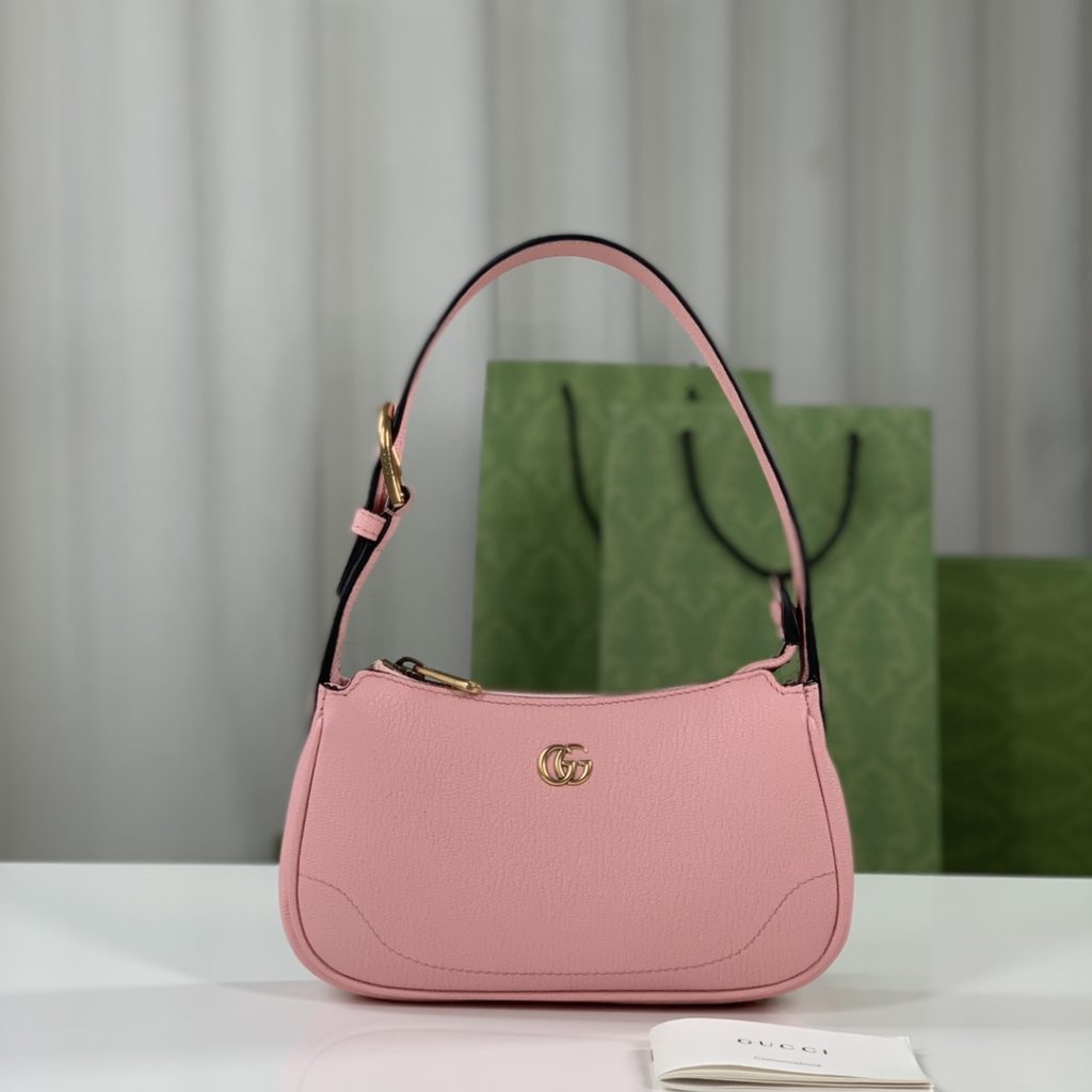 ❤️❤️💛💛 Aphrodite series decorated double G shoulder backpack, brown original goatskin with gold adjustable accessories, adjustable leather shoulder strap, model number 739076 pink, size 21X12X4cm