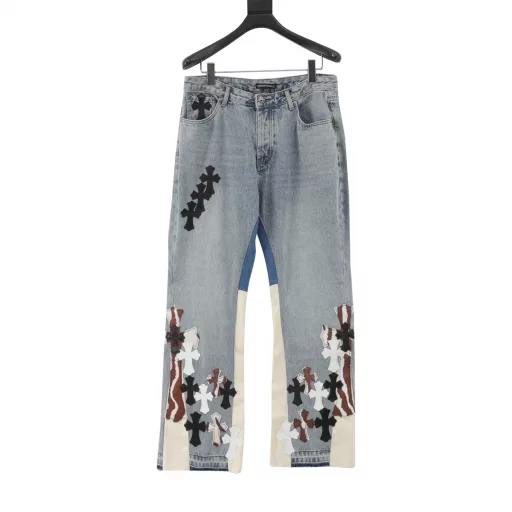 Chrome Hearts Flared Destroyed Leather JeansLos Angeles only! Countertop W level, patchwork cross flower embellishment, washed jeans!Absolutely high-end luxury product, a super popular product of god-level single product, top-level heavy craftsmanship, a magic weapon that cannot be missed!