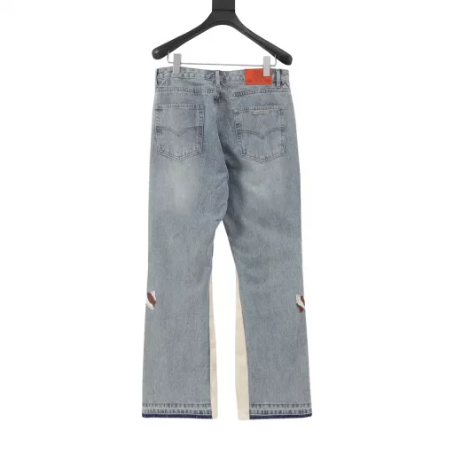 Chrome Hearts Flared Destroyed Leather JeansLos Angeles only! Countertop W level, patchwork cross flower embellishment, washed jeans!Absolutely high-end luxury product, a super popular product of god-level single product, top-level heavy craftsmanship, a magic weapon that cannot be missed!