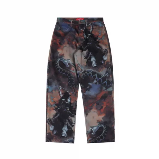 Supreme x Frank Frazetta FW24 WEEK15 Faux Shearling Lined Trucker Jacket Knight Snake-cutting Denim Printed Casual PantsCombining classic denim design with the artist's unique visual style, this series' most eye-catching item is full of personalityOriginal purchase and development, high quality, clothes are sampled and tested for printing and layout, special positioning laser cutting, time-consuming and labor-intensive, custom leather