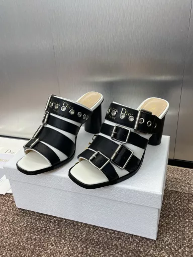 Dior 2025 spring/summer new D-Avenue series high heels matching color Roman wind slippers CD letter logo hardware buckle star the same punk style thick heel belt buckle fish mouth open toe women's shoes