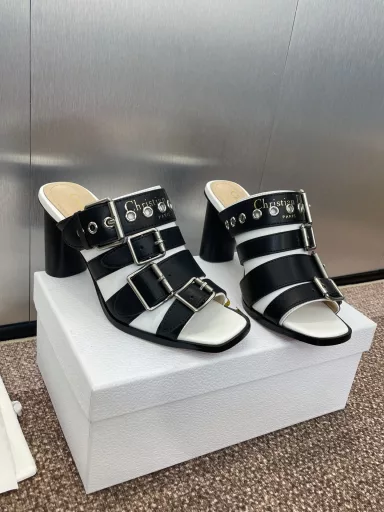 Dior 2025 spring/summer new D-Avenue series high heels matching color Roman wind slippers CD letter logo hardware buckle star the same punk style thick heel belt buckle fish mouth open toe women's shoes