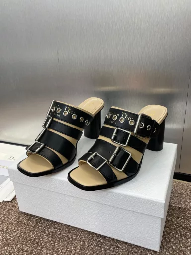 Dior 2025 spring/summer new D-Avenue series high heels matching color Roman wind slippers CD letter logo hardware buckle star the same punk style thick heel belt buckle fish mouth open toe women's shoes