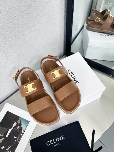 Celine 2025 new sandals, Arc de Triomphe metal logo belt buckle leather sandals raw rubber non-slip sole, waterproof platform sandals