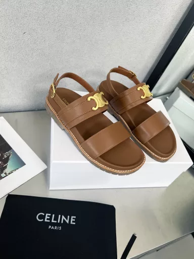 Celine 2025 new sandals, Arc de Triomphe metal logo belt buckle leather sandals raw rubber non-slip sole, waterproof platform sandals