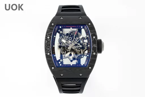 UOK Factory》First release 👏👏👏---Richard Miller RM055 hollow watch series:👉Highlight ①: Richard Miller RM055 uses a new skeletonized movement Caliber RMUL2 integrated machine, with a power reserve of 120 hours. All gears operate like the original, and say goodbye to fake at first glance.👉Highlight ②: The case is imported from high-cost NTPT carbon fiber, the size is consistent with the original 49.90X42.70 mm, the thickness is 13.7MM, the middle shell is made of titanium, and the weight of the whole watch is only 74.3g [rose][rose][rose]. The strength is higher than the steel case, the texture is consistent with the original, natural, glossy luster.👉Highlight ③: High-solidity sapphire mirror, electroplated with high-transparency blue film.👉Highlight ④: The strap is made of imported natural fluororubber strap, the original mold is one-piece molded, with comfortable, light and durable performance.👉Highlight ⑤: All screws of the whole watch are made of titanium, including machine screws and strap screws.👉Highlight ⑥: The original molded titanium buckle, the English lettering of the buckle is three-dimensional and clear, the brushing is balanced and in place, all screws can be removed, the arch bridge of the buckle is brushed, and the spring sheet has a long-lasting elastic effect.[Rose][Rose][Rose] The first sealed work of 