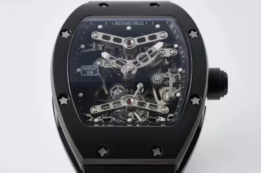 The RM027 is a replica of the axe of creation. It is the first tourbillon movement customized based on a single watch model, Richard Miller RM 027. It highly restores the design texture of the RICHARD MILLE RM027, which is priced at four million. It has a 40mm diameter, a titanium case, and is coated with a hydrogen-free graphite film, which reduces the weight by 30% and increases the hardness by 40%. The rubber strap imported from Indonesia is a honeycomb strap designed based on the genuine RM027. It is the most restored RM027 on the market and the first Richard Miller with genuine texture. With omnipotence, we pay tribute to you who are omnipotent - Eur factory