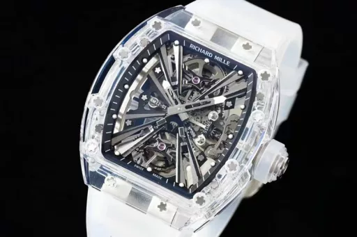 RM Factory reproduces the extraordinary sports quality of Richard MillerAchieving the integration of material innovation and watch architecture, launching a generation of legendary RM12-01 Tourbillon Sapphire Transparent Edition[Case] ​​A fully transparent case is created by combining sapphire crystal to form a technically coherent and visually inseparable whole.The integrated base plate and case are integrated into one, inspired by the chassis of a racing car, which enhances rigidity and impact resistance.[Dial] The lines are inspired by the structural form of architectural design, and the tubular inclined configuration provides optimal rigidity and torsional rigidity, with excellent resistance to thermal changes and corrosive elements. The base plate supports a grade 5 titanium bridge, which is highly original in terms of three-dimensional structure. This outstanding architectural style can withstand accelerations of more than 5,000 Gs.[Movement] The Swiss standard custom-made tourbillon movement proudly displays the ultimate hand-made refinement of the movement through the sapphire crystal. The playful combination of polished pivots, satin polishing, circular surface treatment and high polishing presents a stunning visual effect. RM has broken through the technical barriers and achieved this masterpiece with a transparent movement, bringing a bright and moving appearance to the RM12-01.
