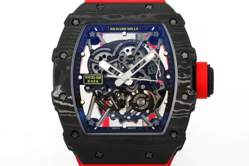 ZF.Factory once again amazed the watch industry and officially opened a new milestone for RM35-02!1) Case: The watch is made of high-tech TPT [quartz fiber] material, with a size of 49.94*44.5MM and a thickness of no more than 45μm. The silica fiber layer is interwoven with special resin fibers through a special automated control system. The fibers between the layers are interwoven at a 45-degree angle. After being heated to 120 degrees Celsius in a three-stage high-temperature flame furnace, they are sent to ProArt for processing and molding. Natural quartz fiber is white, light in texture, and has super impact resistance, non-allergic and UV resistance.2) Movement: Equipped with the newly developed Calibre RMAL1 integrated movement, the movement base and bridge are made of grade 5 titanium alloy sandblasting process, and are treated with PVD/Titaly to ensure maximum rigidity and smooth surface. The unique variable geometry balance wheel can speed up or slow down the winding by adjusting the position of six different wings. The inertial balance wheel oscillates at a frequency of 28800VPH and is equipped with a double barrel system to ensure greater and more stable torque. It also provides a 55-hour power reserve.More importantly, the newly released RMAL1 integrated movement of ZF is the only one in the market that uses real white gemstones on the upper and lower parts of the balance wheel on an integrated base. It is genuine and affordable! This is also the biggest difference from the patch gemstones on the market (other manufacturers)! This is a huge leap forward in ZF's research and development!