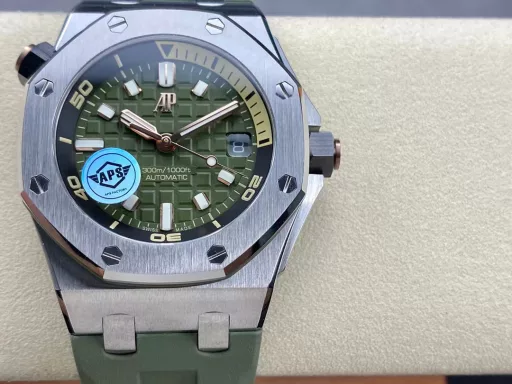 APS Audemars Piguet 15720st is equipped with a new customized integrated cal.4308 movement (not various Japanese machine modified boards), the overall watch size is 42x141.2mm, aps spared no expense to develop an all-in-one machine, and made the original mold to further enhance the replica. Movement: The movement uses a customized all-in-one cal.4308 movement, which is not an ordinary version of the splint machine on the market. All gears of the calendar instant jump function are real and movable, not decorative. The movement uses CNC engraving to make it clearer and more three-dimensional. Case: dps original mold, disassembled the original data of the genuine product, 3D stereo modeling, so that its size ratio is exactly the same as the original, all accessories are interchangeable with the original, and the straight brushed process of the case and the angular case are perfectly integrated. Strap: After 2 years of trial and error, the craftsmanship and quality are continuously improved, and finally the original effect is achieved. Whether in terms of color, material, and craftsmanship, it can be comparable to the counter strap and can be interchanged with the original. Head grain: The one-button quick-release button synchronized with the original makes the strap easy to remove with one button. The buckle also adopts a one-button quick-release design, which can be used with the original. aps carefully creates the highest quality on the entire network!