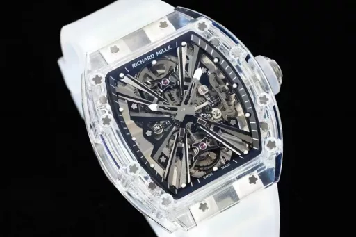 RM Factory reproduces the extraordinary sports quality of Richard MillerAchieving the integration of material innovation and watch architecture, launching a generation of legendary RM12-01 Tourbillon Sapphire Transparent Edition[Case] ​​A fully transparent case is created by combining sapphire crystal to form a technically coherent and visually inseparable whole.The integrated base plate and case are integrated into one, inspired by the chassis of a racing car, which enhances rigidity and impact resistance.[Dial] The lines are inspired by the structural form of architectural design, and the tubular inclined configuration provides optimal rigidity and torsional rigidity, with excellent resistance to thermal changes and corrosive elements. The base plate supports a grade 5 titanium bridge, which is highly original in terms of three-dimensional structure. This outstanding architectural style can withstand accelerations of more than 5,000 Gs.[Movement] The Swiss standard custom-made tourbillon movement proudly displays the ultimate hand-made refinement of the movement through the sapphire crystal. The playful combination of polished pivots, satin polishing, circular surface treatment and high polishing presents a stunning visual effect. RM has broken through the technical barriers and achieved this masterpiece with a transparent movement, bringing a bright and moving appearance to the RM12-01.