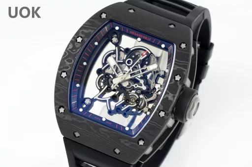 UOK Factory》First release 👏👏👏---Richard Miller RM055 hollow watch series:👉Highlight ①: Richard Miller RM055 uses a new skeletonized movement Caliber RMUL2 integrated machine, with a power reserve of 120 hours. All gears operate like the original, and say goodbye to fake at first glance.👉Highlight ②: The case is imported from high-cost NTPT carbon fiber, the size is consistent with the original 49.90X42.70 mm, the thickness is 13.7MM, the middle shell is made of titanium, and the weight of the whole watch is only 74.3g [rose][rose][rose]. The strength is higher than the steel case, the texture is consistent with the original, natural, glossy luster.👉Highlight ③: High-solidity sapphire mirror, electroplated with high-transparency blue film.👉Highlight ④: The strap is made of imported natural fluororubber strap, the original mold is one-piece molded, with comfortable, light and durable performance.👉Highlight ⑤: All screws of the whole watch are made of titanium, including machine screws and strap screws.👉Highlight ⑥: The original molded titanium buckle, the English lettering of the buckle is three-dimensional and clear, the brushing is balanced and in place, all screws can be removed, the arch bridge of the buckle is brushed, and the spring sheet has a long-lasting elastic effect.[Rose][Rose][Rose] The first sealed work of 