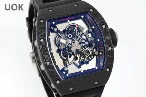 UOK Factory》First release 👏👏👏---Richard Miller RM055 hollow watch series:👉Highlight ①: Richard Miller RM055 uses a new skeletonized movement Caliber RMUL2 integrated machine, with a power reserve of 120 hours. All gears operate like the original, and say goodbye to fake at first glance.👉Highlight ②: The case is imported from high-cost NTPT carbon fiber, the size is consistent with the original 49.90X42.70 mm, the thickness is 13.7MM, the middle shell is made of titanium, and the weight of the whole watch is only 74.3g [rose][rose][rose]. The strength is higher than the steel case, the texture is consistent with the original, natural, glossy luster.👉Highlight ③: High-solidity sapphire mirror, electroplated with high-transparency blue film.👉Highlight ④: The strap is made of imported natural fluororubber strap, the original mold is one-piece molded, with comfortable, light and durable performance.👉Highlight ⑤: All screws of the whole watch are made of titanium, including machine screws and strap screws.👉Highlight ⑥: The original molded titanium buckle, the English lettering of the buckle is three-dimensional and clear, the brushing is balanced and in place, all screws can be removed, the arch bridge of the buckle is brushed, and the spring sheet has a long-lasting elastic effect.[Rose][Rose][Rose] The first sealed work of 
