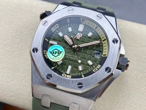 APS Audemars Piguet 15720st is equipped with a new customized integrated cal.4308 movement (not various Japanese machine modified boards), the overall watch size is 42x141.2mm, aps spared no expense to develop an all-in-one machine, and made the original mold to further enhance the replica. Movement: The movement uses a customized all-in-one cal.4308 movement, which is not an ordinary version of the splint machine on the market. All gears of the calendar instant jump function are real and movable, not decorative. The movement uses CNC engraving to make it clearer and more three-dimensional. Case: dps original mold, disassembled the original data of the genuine product, 3D stereo modeling, so that its size ratio is exactly the same as the original, all accessories are interchangeable with the original, and the straight brushed process of the case and the angular case are perfectly integrated. Strap: After 2 years of trial and error, the craftsmanship and quality are continuously improved, and finally the original effect is achieved. Whether in terms of color, material, and craftsmanship, it can be comparable to the counter strap and can be interchanged with the original. Head grain: The one-button quick-release button synchronized with the original makes the strap easy to remove with one button. The buckle also adopts a one-button quick-release design, which can be used with the original. aps carefully creates the highest quality on the entire network!