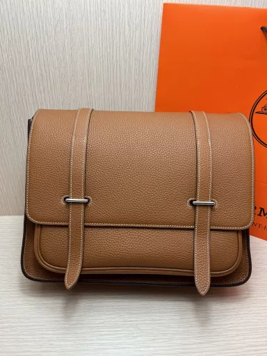 Messenger bag 34cm Original imported Togo leather patchwork Silver buckle Men's crossbody bagSame as the counter Handmade wax thread sewing Pure steel hardware