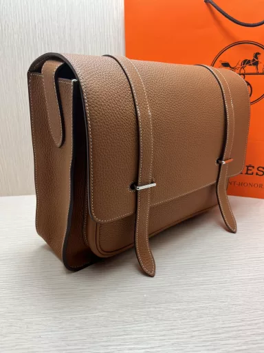 Messenger bag 34cm Original imported Togo leather patchwork Silver buckle Men's crossbody bagSame as the counter Handmade wax thread sewing Pure steel hardware