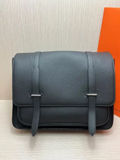 Messenger bag 34cm Original imported Togo leather patchwork Silver buckle Men's crossbody bagSame as the counter Handmade wax thread sewing Pure steel hardware