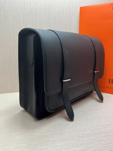 Messenger bag 34cm Original imported Togo leather patchwork Silver buckle Men's crossbody bagSame as the counter Handmade wax thread sewing Pure steel hardware