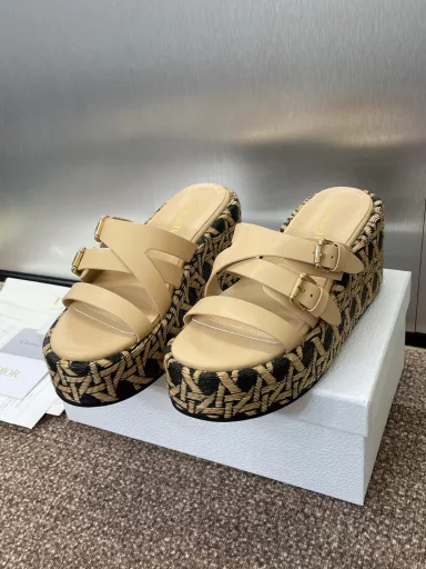 Dior 2025 Spring/Summer new Attitude color-blocked cross-strap wedge-heeled women's shoes CD letter logo hardware buckle thick-soled round-toed open-toed sandalsMaterial: imported calfskin upper + water-dyed sheepskin foot lining + original consistent combination outsole