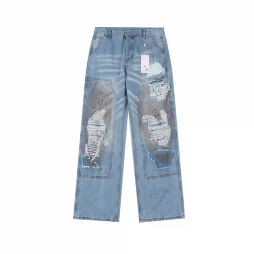 Margiela MM6 distressed graffiti denim trousersImported denim non-stretch fabric, original yeast washing process, softened by washing, very comfortable and drapey. Distressed holes, all handmade, time-consuming and labor-intensive. Custom leather label, exquisite stitching, MM6 heavy washed and cut dirty effect, super versatile and good-looking, the same style of jeans for men and women!