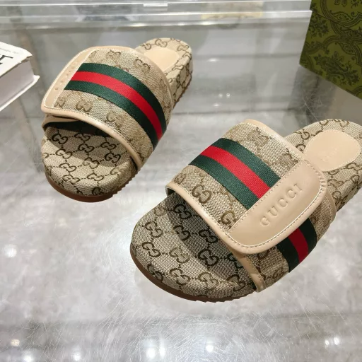 Gucci women's signature shoe features an eye-catching theme. The all-over jacquard design features a geometric GG canvas with classic green, red and green Web.Beige GG jacquard with classic green, red and green Web