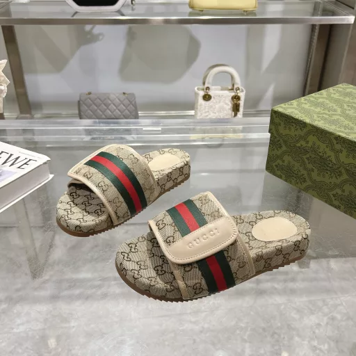 Gucci women's signature shoe features an eye-catching theme. The all-over jacquard design features a geometric GG canvas with classic green, red and green Web.Beige GG jacquard with classic green, red and green Web