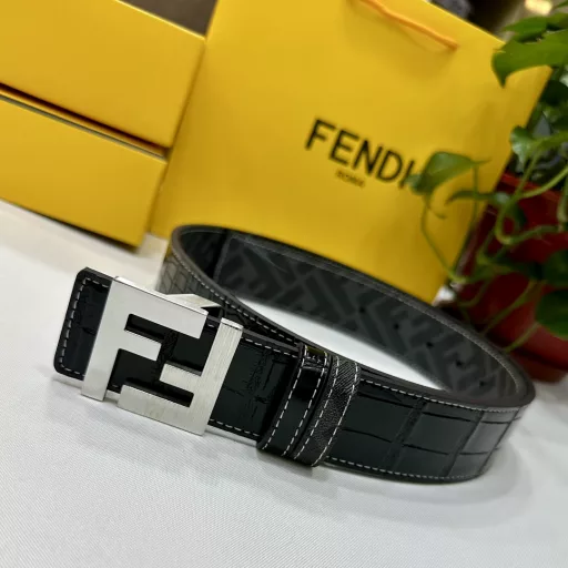 FENDI counter style 4.0CM wide double loop reversible belt FF snap buckle Black Cuoio Romano leather material Tobacco yellow and black FF pattern on the reverse side Square metal finish Fashionable and classic All-match style