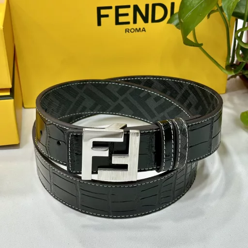 FENDI counter style 4.0CM wide double loop reversible belt FF snap buckle Black Cuoio Romano leather material Tobacco yellow and black FF pattern on the reverse side Square metal finish Fashionable and classic All-match style