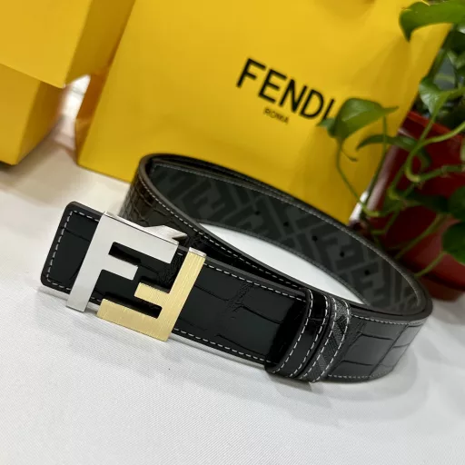 FENDI counter style 4.0CM wide double loop reversible belt FF snap buckle Black Cuoio Romano leather material Tobacco yellow and black FF pattern on the reverse side Square metal finish Fashionable and classic All-match style