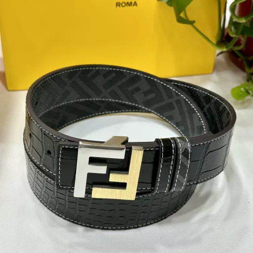 FENDI counter style 4.0CM wide double loop reversible belt FF snap buckle Black Cuoio Romano leather material Tobacco yellow and black FF pattern on the reverse side Square metal finish Fashionable and classic All-match style