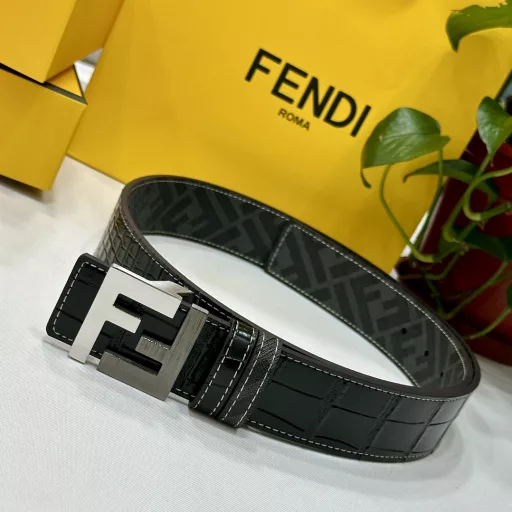 FENDI counter style 4.0CM wide double loop reversible belt FF snap buckle Black Cuoio Romano leather material Tobacco yellow and black FF pattern on the reverse side Square metal finish Fashionable and classic All-match style