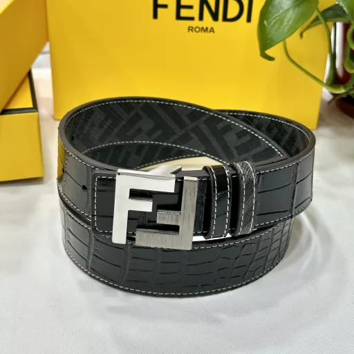 FENDI counter style 4.0CM wide double loop reversible belt FF snap buckle Black Cuoio Romano leather material Tobacco yellow and black FF pattern on the reverse side Square metal finish Fashionable and classic All-match style