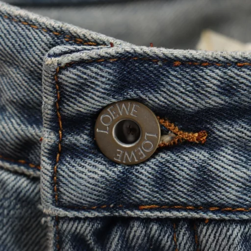 Loewe Anagram tapered denim pantsCustomized elegant rough twill denim material, laser laser technology, using high-energy laser beam to accurately process the material surface, by controlling the intensity, frequency and scanning speed of the laser beam, high-precision Loewe Anagram engraving can be achieved, using sand frying hand rubbing technology, through processing on the sand frying machine, the surface of the jeans will fade and wear naturally, and then the surface of the jeans will be physically damaged by hand using special tools, maintaining the original texture and details while increasing its uniqueness, heavy washing and whitening process, through physical and chemical means, the denim fabric is deeply processed multiple times, so that the surface of the pants presents a gray effect, and then the denim fabric is polished by machine to make the surface of the pants have a worn effect, customized accessories, fit version