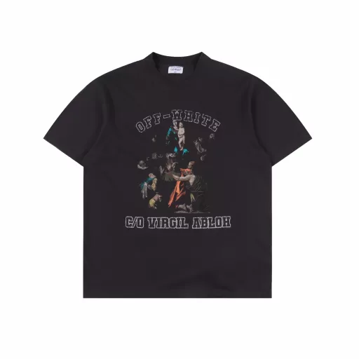 OFF WHITE CO VIRGIL 24ss Washed short sleeves with a Virgin Mary print on the chestRetro printed washed distressed short sleeves, gender-neutral loose silhouette, with a strong religious color as a whole, in line with the Renaissance vintage style often used by OFF. Designer Virgil Abloh's obsession with and research on Caravaggio has created a unique opportunity for people to 