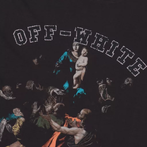 OFF WHITE CO VIRGIL 24ss Washed short sleeves with a Virgin Mary print on the chestRetro printed washed distressed short sleeves, gender-neutral loose silhouette, with a strong religious color as a whole, in line with the Renaissance vintage style often used by OFF. Designer Virgil Abloh's obsession with and research on Caravaggio has created a unique opportunity for people to 
