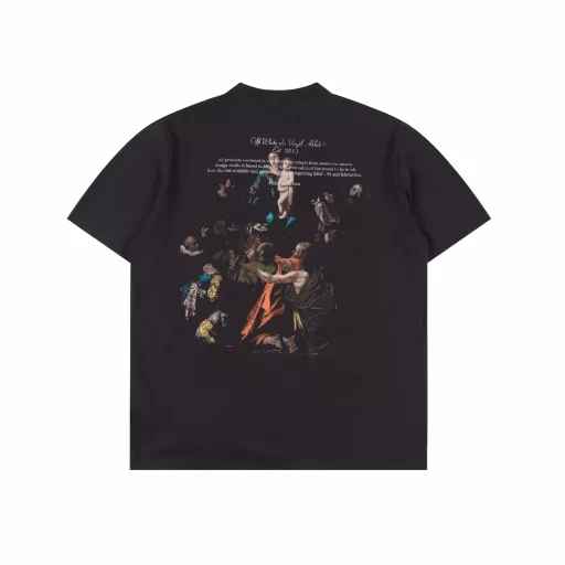 OFF WHITE CO VIRGIL 24ss Washed short sleeves with a back-printed Madonna of the PsalmsRetro-printed washed distressed short sleeves, gender-neutral loose silhouette, with a strong religious tone as a whole, in line with the Renaissance vintage style often used by OFF. Designer Virgil Abloh's obsession with and research on Caravaggio has created a unique opportunity for people to 