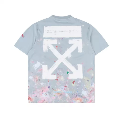 OFF WHITE CO VIRGIL 17ss Starry Sky Fireworks Ink-splashed Arrow Printed Short SleevesCustomized 220g full jersey, coarse thread, strong cotton texture, ready-made garments are washed and pre-shrunk without fading or shrinking, a total of 8 sets of screens, the colors are all produced by color collision, offset printing is thermosetting ink, one-to-one data alignment, thick plate concave and convex feel, the thickness was debugged 13 times last time, the color was adjusted 12 times on the machine to finalize, eight plates were printed in eight times for one color, plus an arrow thick plate printing, the first layer is printed in gray, the second layer is printed in white, the third layer is yellow, the fourth layer is green, the fifth layer is blue, the sixth layer is purple, the seventh layer is orange, and the last layer is a thick plate. Any step will be invalidated if it is wrong, brand new washing label auxiliary materials, I don’t know how many layers of printing on the back, risking the risk of printing bad clothes to carve out such a model, if it is not customized, the fabric really can’t hold such a toss, the starry sky fireworks effect is staggered + Strong sense of layering, large logo printed on the back, authentic brush effect, strong concave and convex sense, no ambiguity in materials, customized tag accessories, all in place