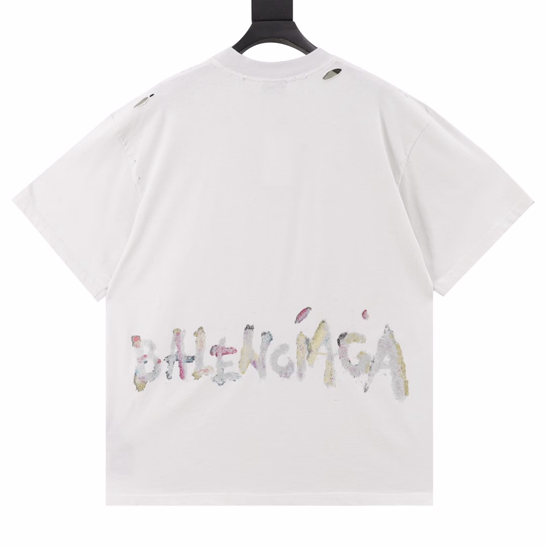 Balenciaga Glitter wheat print crew neck short sleeves, jersey fabric, front decorated with artwork print, wheat embroidery, faded hole details, crew neck short sleeves, full set of accessories
