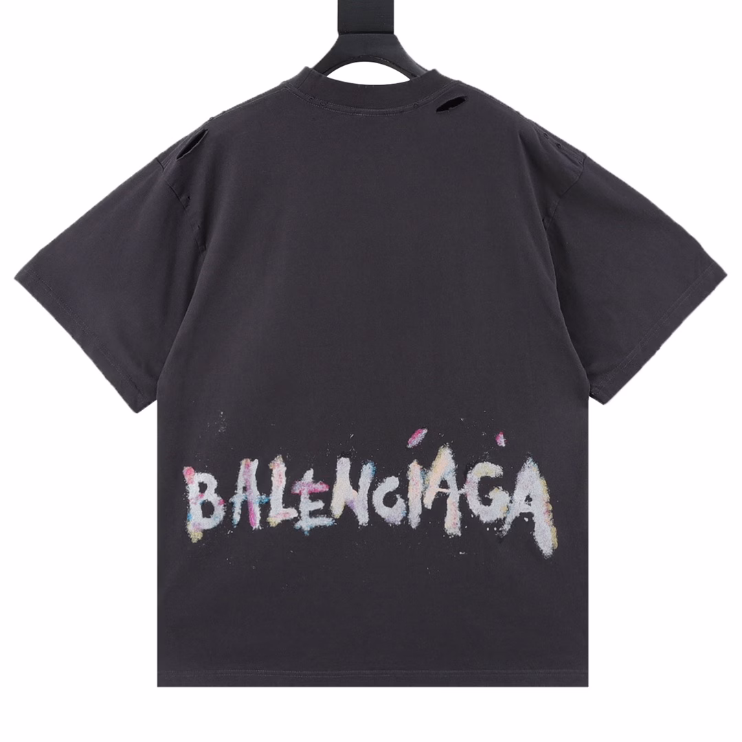 Balenciaga Glitter wheat print crew neck short sleeves, jersey fabric, front decorated with artwork print, wheat embroidery, faded hole details, crew neck short sleeves, full set of accessories
