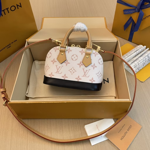Nano Alma Shell BagThe classic Alma bag shape is condensed to create a leather trim on the Monogram Dune canvas from the Cruise 2024 runway. The delicate handles and removable and adjustable shoulder strap allow for multiple carrying options.